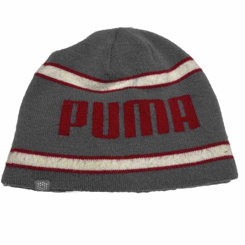 Puma Jump Cat Winter Beanie Hat Red/Gray Striped Adult One Size